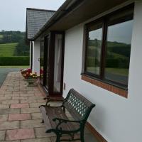 Patio at the front of the Holiday Accommodation with Bench and Mid Wales Views.